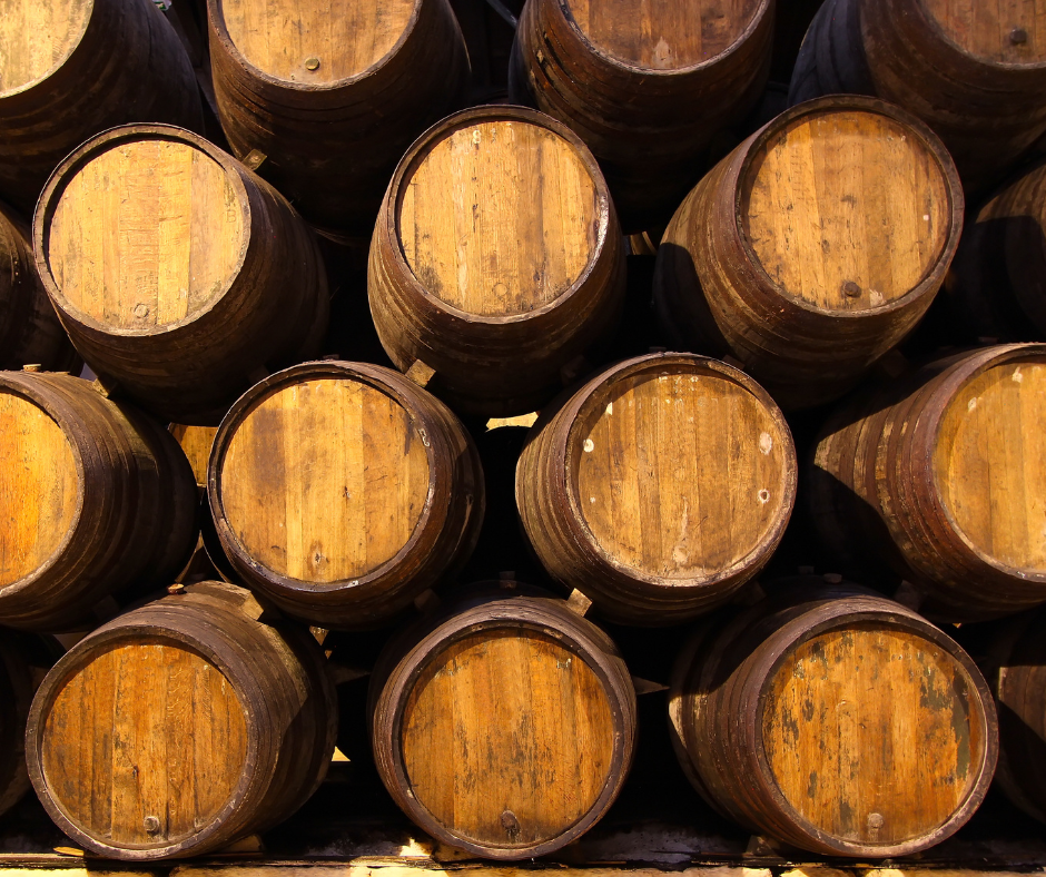 wooden barrels piled up